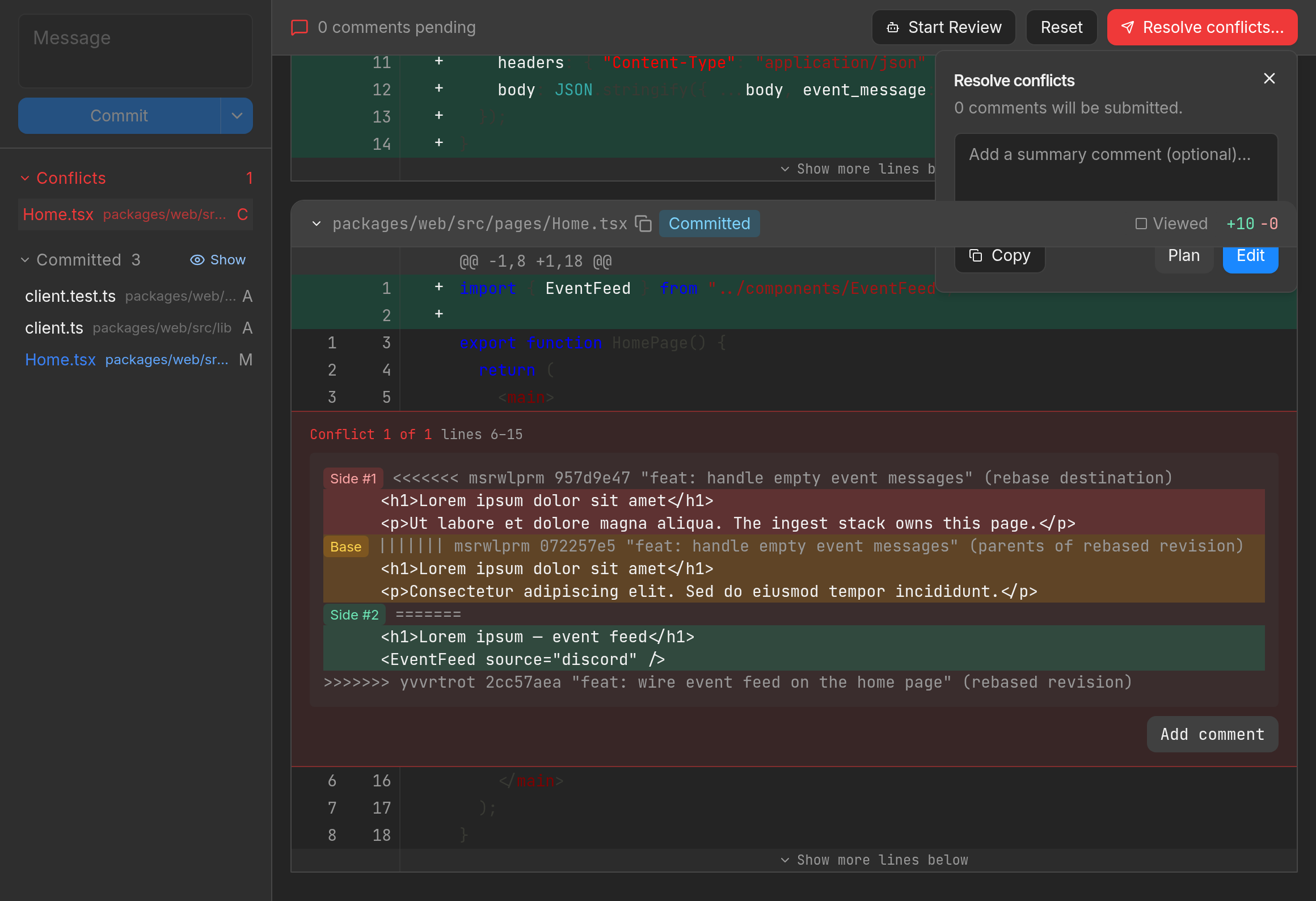 Changes tab Resolve conflicts popover with Plan and Edit